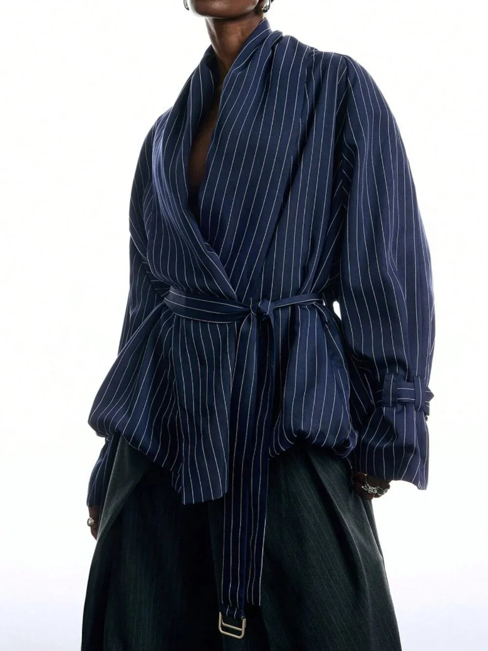 Navy Blue Casual Women's Striped Shoulder Long Sleeve Waist Tie Trench Coat